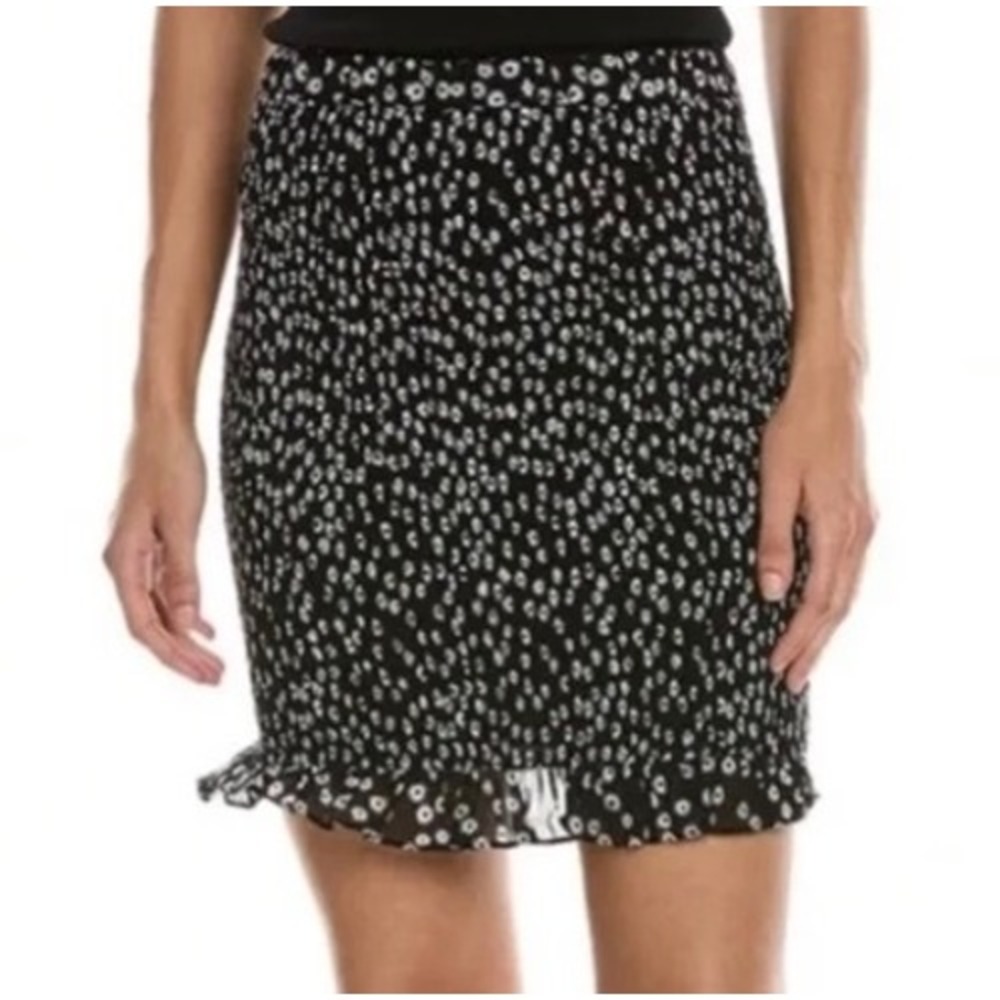 The Kooples Black White Floral Smocked Ruffle Hem Mini Skirt Women Medium NWT